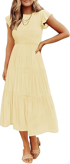 Women's 2026 Summer Casual Flutter Short Sleeve Crew Neck Smocked Elastic Waist Tiered Midi Dress