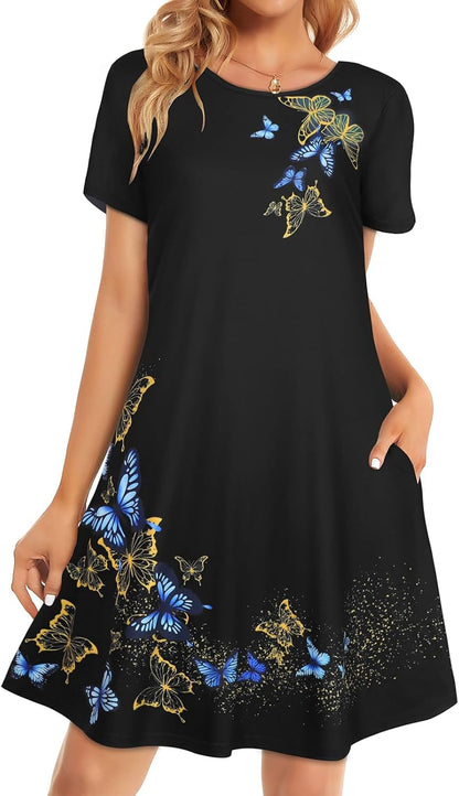 Womens Summer Dresses Beach Casual Loose Tshirt Floral Short Sleeve Flowy Pockets Sundresses