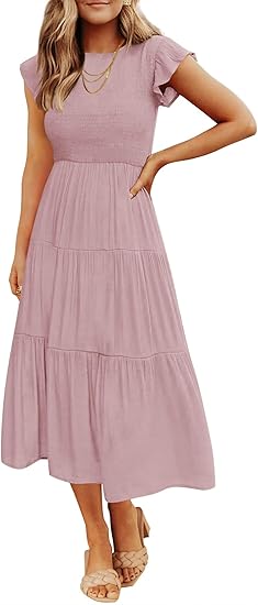 Women's 2026 Summer Casual Flutter Short Sleeve Crew Neck Smocked Elastic Waist Tiered Midi Dress