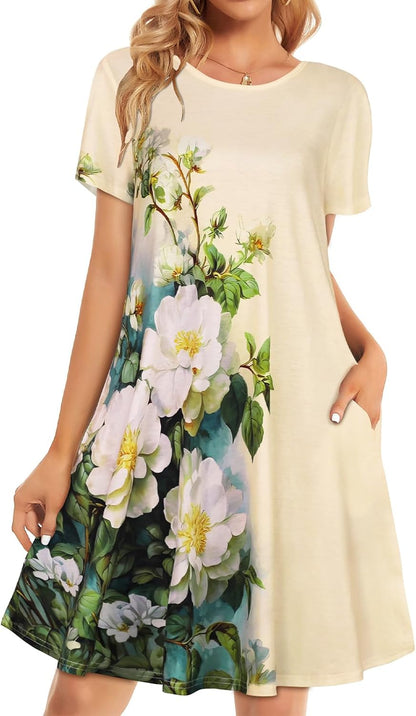 Womens Summer Dresses Beach Casual Loose Tshirt Floral Short Sleeve Flowy Pockets Sundresses
