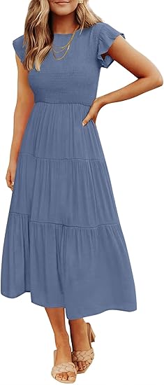 Women's 2026 Summer Casual Flutter Short Sleeve Crew Neck Smocked Elastic Waist Tiered Midi Dress