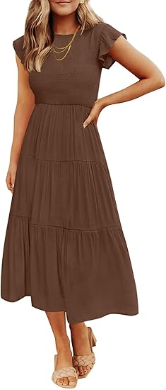 Women's 2026 Summer Casual Flutter Short Sleeve Crew Neck Smocked Elastic Waist Tiered Midi Dress