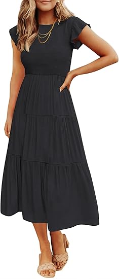 Women's 2026 Summer Casual Flutter Short Sleeve Crew Neck Smocked Elastic Waist Tiered Midi Dress