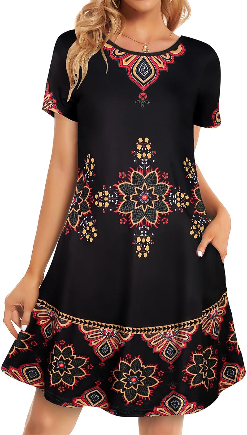 Womens Summer Dresses Beach Casual Loose Tshirt Floral Short Sleeve Flowy Pockets Sundresses