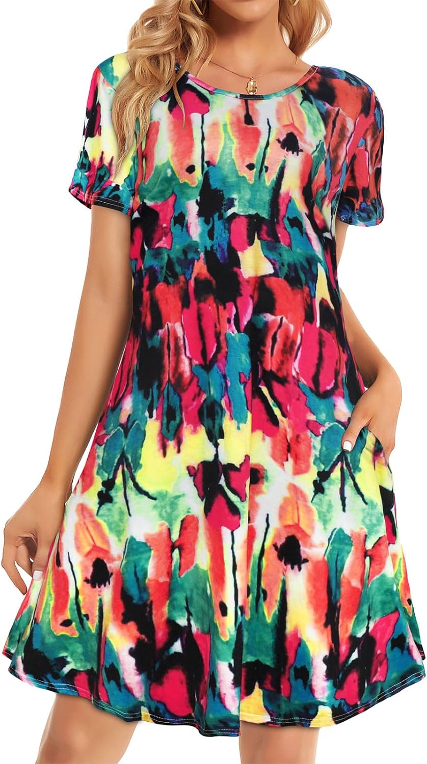 Womens Summer Dresses Beach Casual Loose Tshirt Floral Short Sleeve Flowy Pockets Sundresses