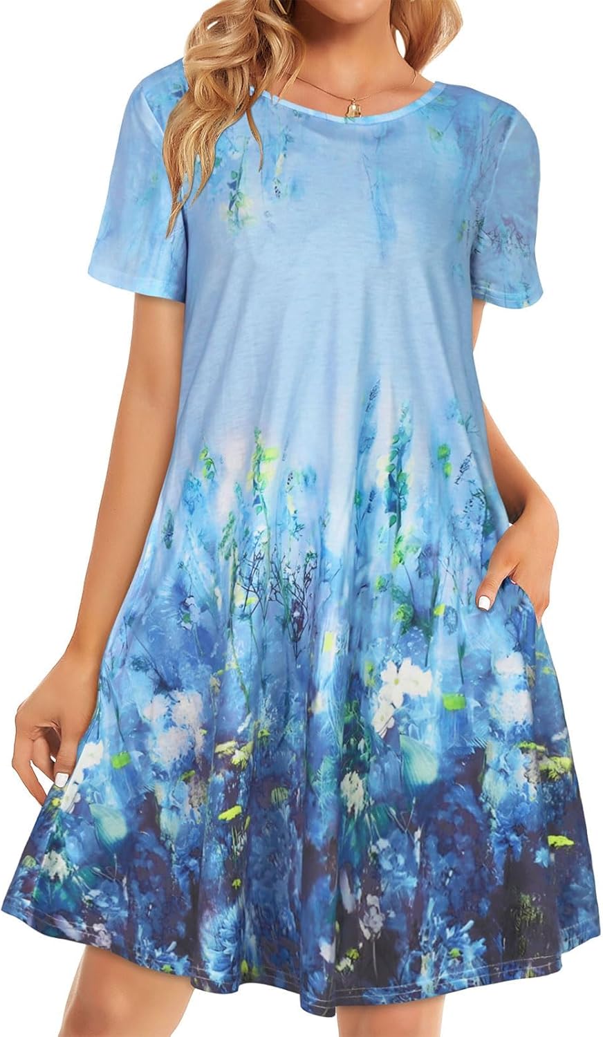 Womens Summer Dresses Beach Casual Loose Tshirt Floral Short Sleeve Flowy Pockets Sundresses