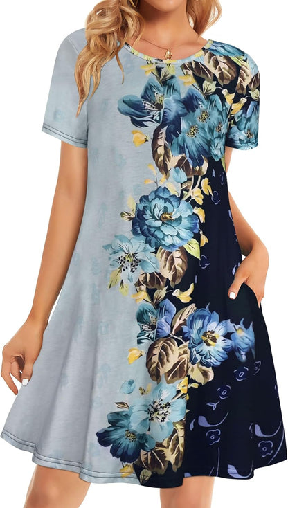 Womens Summer Dresses Beach Casual Loose Tshirt Floral Short Sleeve Flowy Pockets Sundresses