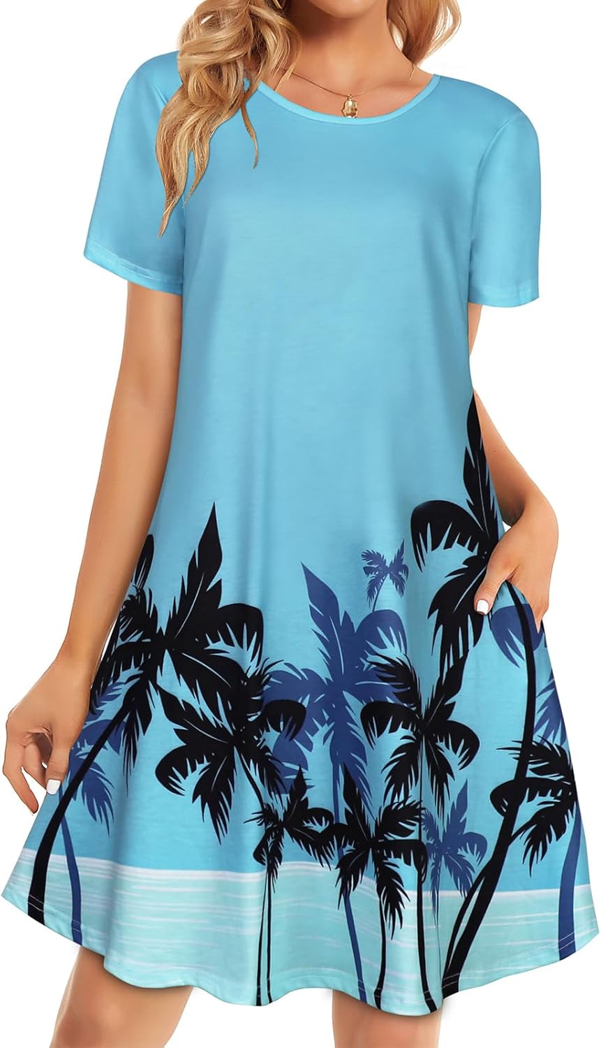 Womens Summer Dresses Beach Casual Loose Tshirt Floral Short Sleeve Flowy Pockets Sundresses