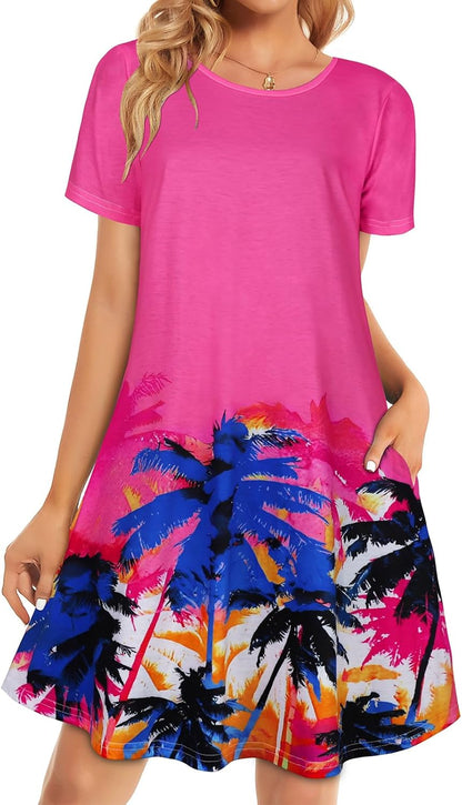 Womens Summer Dresses Beach Casual Loose Tshirt Floral Short Sleeve Flowy Pockets Sundresses