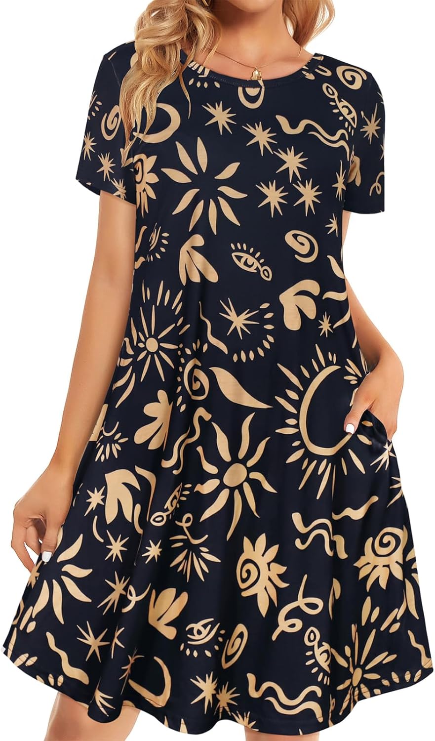 Womens Summer Dresses Beach Casual Loose Tshirt Floral Short Sleeve Flowy Pockets Sundresses