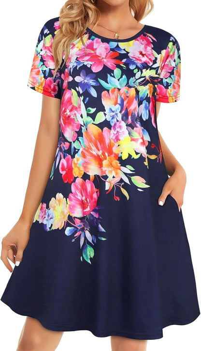 Womens Summer Dresses Beach Casual Loose Tshirt Floral Short Sleeve Flowy Pockets Sundresses