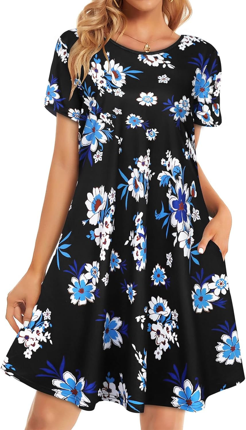 Womens Summer Dresses Beach Casual Loose Tshirt Floral Short Sleeve Flowy Pockets Sundresses