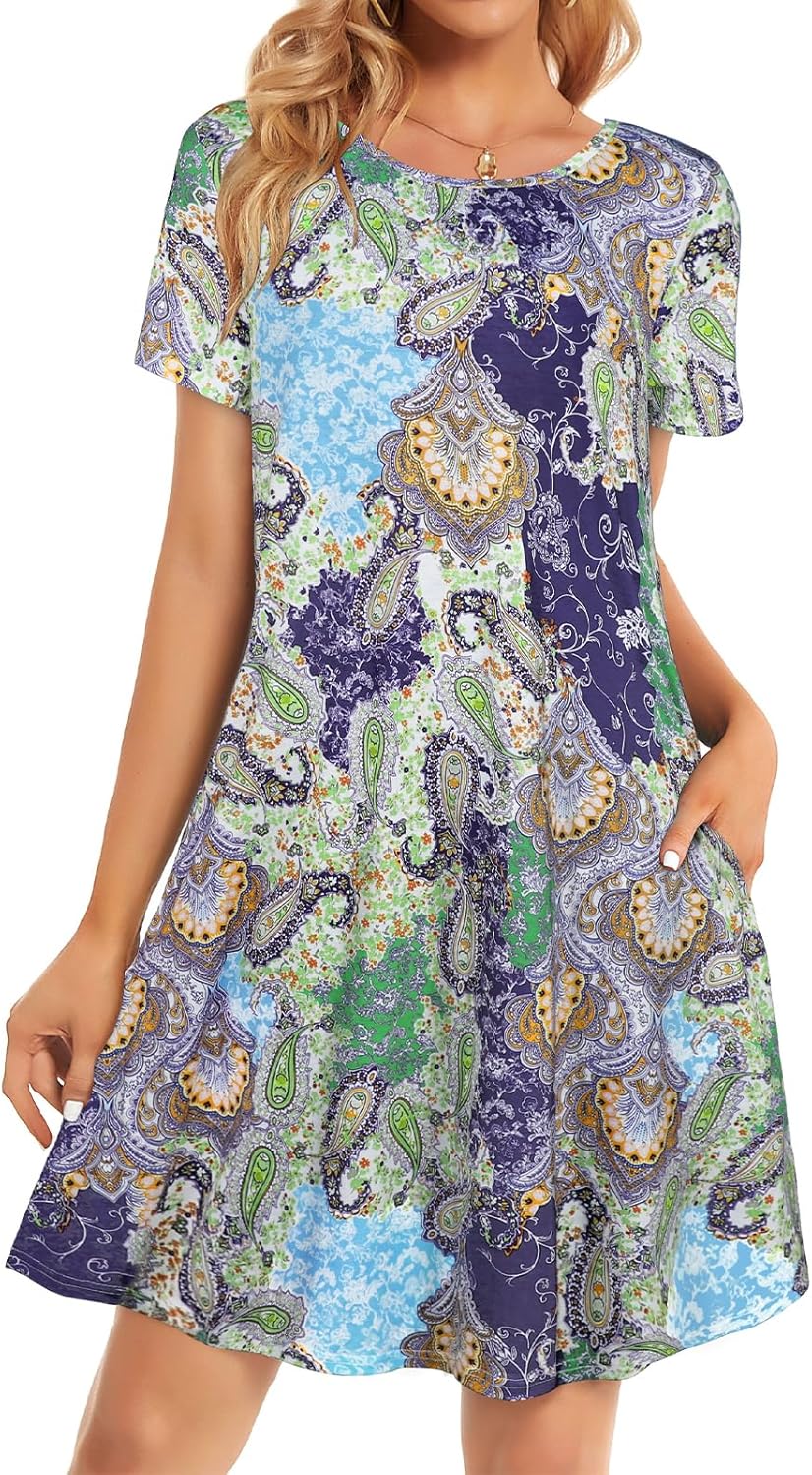 Womens Summer Dresses Beach Casual Loose Tshirt Floral Short Sleeve Flowy Pockets Sundresses