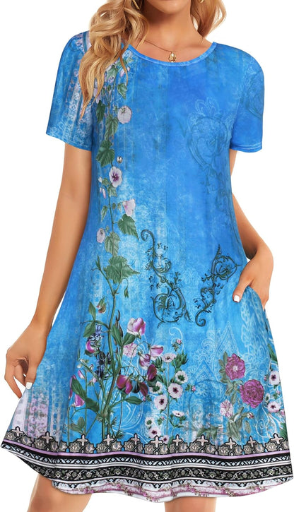 Womens Summer Dresses Beach Casual Loose Tshirt Floral Short Sleeve Flowy Pockets Sundresses