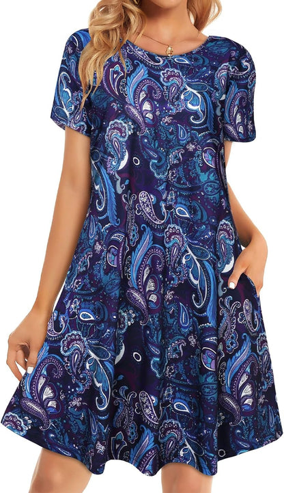 Womens Summer Dresses Beach Casual Loose Tshirt Floral Short Sleeve Flowy Pockets Sundresses