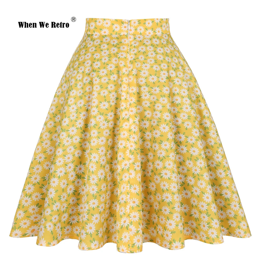 When We Retro Daisy Floral Printed Women Yellow Skirt VD0020 Vintage Casual High Waist A Line jupe femme Flare Summer Skirts
